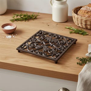 Square Cast Iron Trivet set of 2 – Kitchen Pot Holders to Protect Table Countertops, Heat Resistant Mats for Teapot, Hot Dishes, Plates