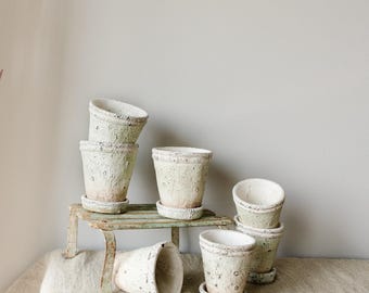 White Vintage Style Flower Provence Pot, Outdoor small planter for windowsill, Rustic Stone flowerpot, old pottery for plants
