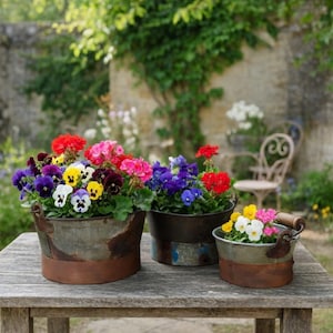 Vintage zinkhinkar set om 3, rustika metallkrukor, hinkar i antik stil, lantlig zinkbehållare, väderbitna metallförvaringsbehållare