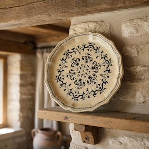 Gammal fransk Salins-tallrik, Rund blågul keramiktallrik, Fotografisk porslinsskål, Samlarobjekt Vintage-tallrikar