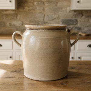 Antique Medium French Confit Pot with ears, Traditional gres stoneware vase with loop handle from France, Vintage Urn With Handles
