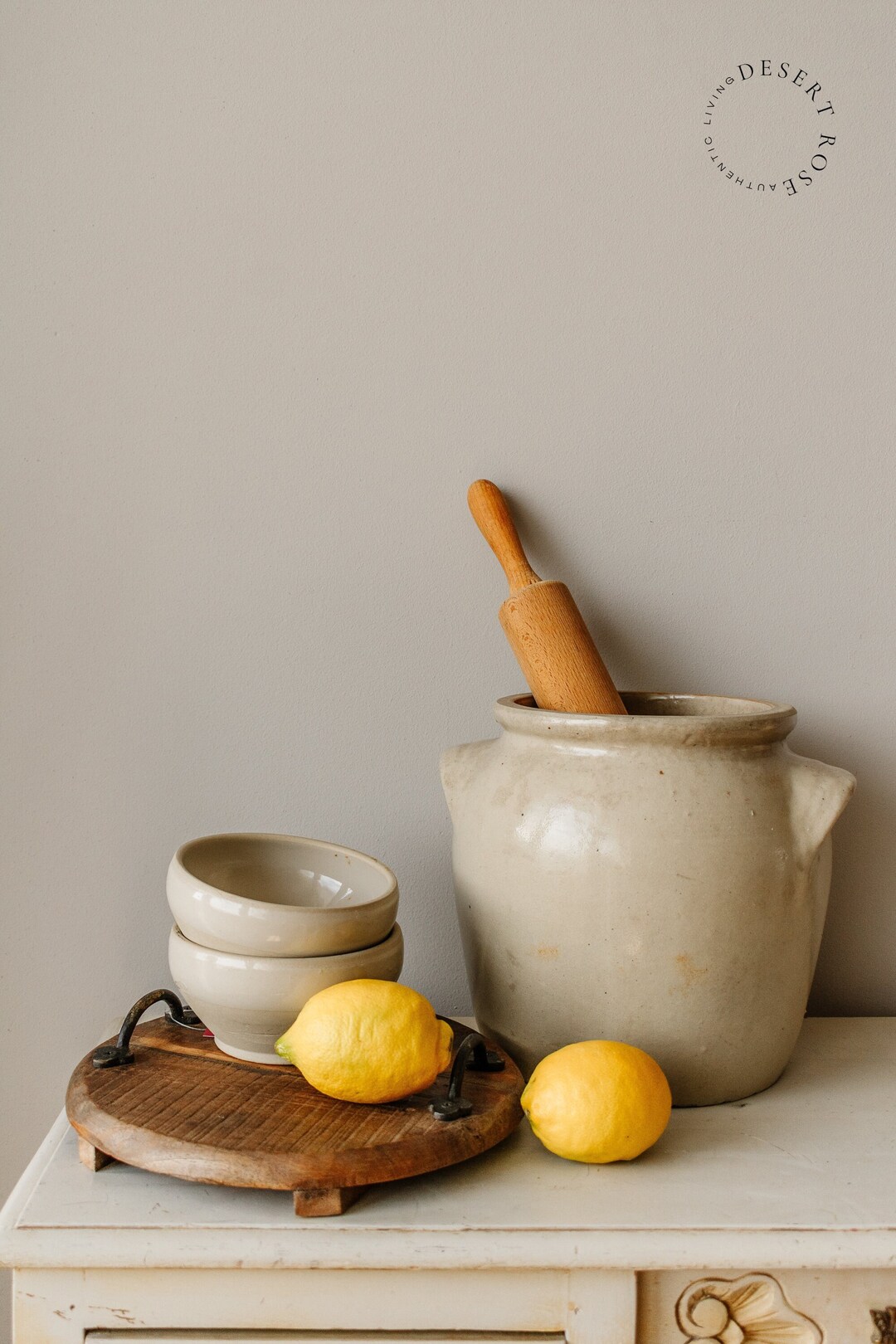 Vintage Medium Large French Confit Pot, Rustic Beige Glazed Stoneware