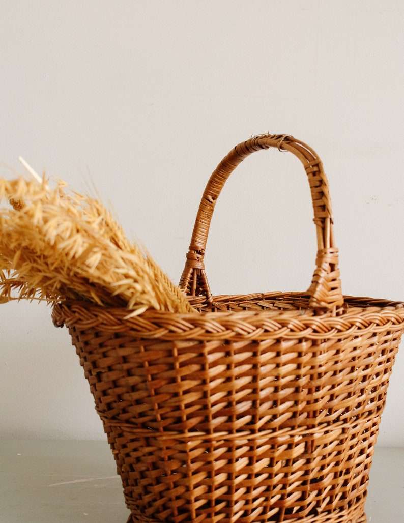 Vintage Wicker French Basket, Woven Rattan Gift Baskets, Farmhouse Harvest Storage image 1