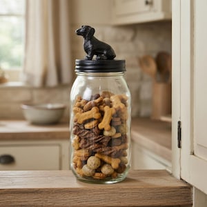 Op de afbeelding: Een glazen pot gevuld met hondenkoekjes, bekroond met een zwart deksel en een kleine zwarte teckel figuur. De pot staat op een houten oppervlak. De traktaties hebben verschillende vormen en kleuren.