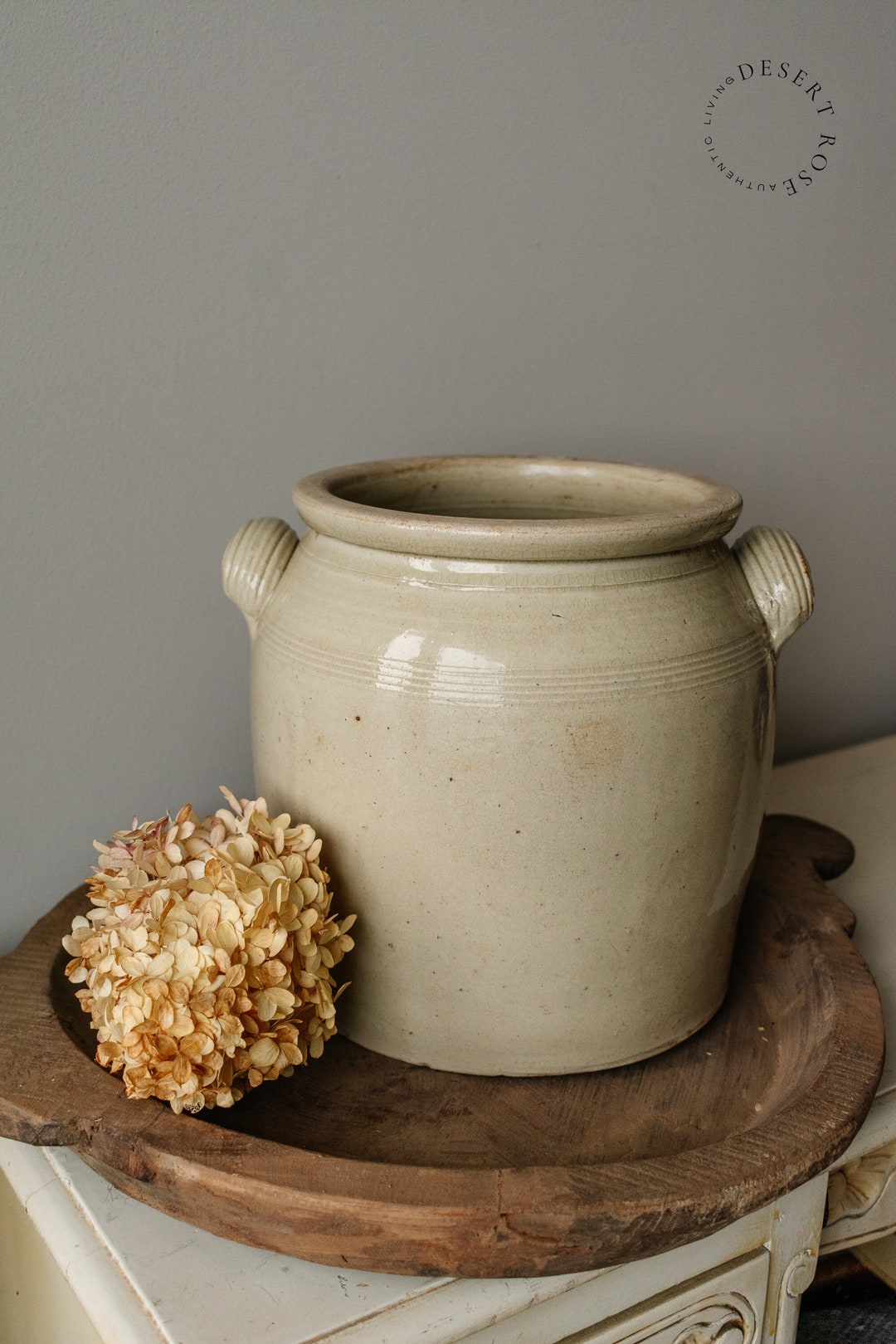 Vintage Large French Confit Pot, Rustic Beige Glazed Stoneware, Crock