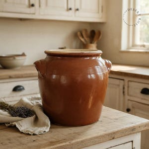 Stor fransk konfiterad kruka i vintagestil - Rustikt brunt glaserat stengods, krukor med två handtag, antik fransk konfiterad vas, gammal keramikkruka