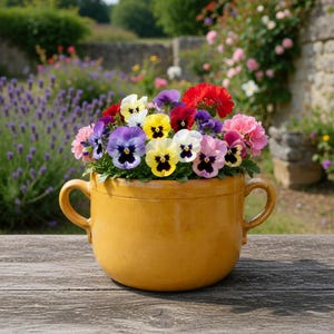 Può includere: Un vaso di ceramica giallo pieno di viole colorate e altri fiori. I fiori includono fiori viola, gialli, rossi, rosa e bianchi. Il vaso ha due manici e poggia su un tavolo di legno. Lo sfondo presenta un giardino con lavanda e altri fiori.