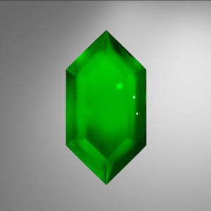 May include: A vibrant, emerald green, gem-shaped object with a glossy finish. The object has a six-sided, elongated shape, with a pointed top and bottom. The gem is set against a gradient gray background.