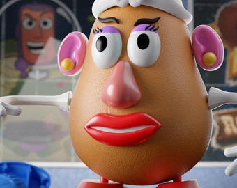 May include: A brown potato-shaped toy figure with a white hat featuring a daisy, pink ears with yellow earrings, purple eyeshadow, a pink nose, red lips, and red shoes. The text "Digital files for 3d printing ABYSSMO WORKSHOP" is visible.