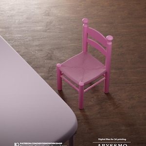 Puede incluir: Una pequeña silla de madera rosa con un asiento tejido y una parte superior redondeada. La silla está al lado de una mesa de color púrpura claro. La imagen también incluye el texto "Digital files for 3d printing" y "ABYSSMO WORKSHOP".