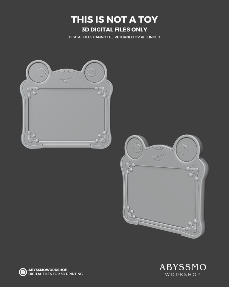 Puede incluir: Dos archivos digitales grises con forma de rana, con el texto "THIS IS NOT A TOY" y "3D DIGITAL FILES ONLY". Los archivos tienen un marco rectangular con esquinas decorativas y una cara de rana en la parte superior. La parte inferior de la imagen tiene el texto "ABYSSMO WORKSHOP".