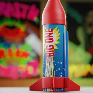 Può includere: Un razzo giocattolo con un cono e alette rosse, un corpo blu con la scritta "THE BIG ONE" in un'esplosione gialla e stelle bianche. Il razzo è in piedi.