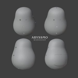 Può includere: Sono mostrati quattro oggetti grigi a forma di pera, ciascuno con piccole rientranze circolari. Gli oggetti sono disposti in una griglia 2x2 su uno sfondo grigio scuro. Il testo "ABYSSMO WORKSHOP" è in basso.