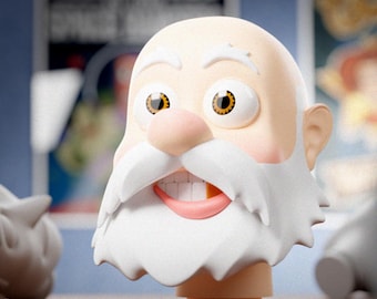 May include: A 3D printed character head featuring a bald scalp, white eyebrows, a thick white beard, and large eyes with orange irises. The mouth is open, revealing white teeth and a single gold tooth. Text reads: Digital files for 3d printing ABYSSMO WORKSHOP.