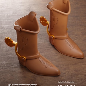 Könnte beinhalten: Zwei braune Cowboy-Stiefel mit goldfarbenen Sporen. Jeder Stiefel hat ein Kaktus-Design und dekorative Nähte. Die Stiefel stehen vor einem Holz Hintergrund. Der Text "Digital files for 3d printing" und "ABYSSMO WORKSHOP" ist ebenfalls zu sehen.