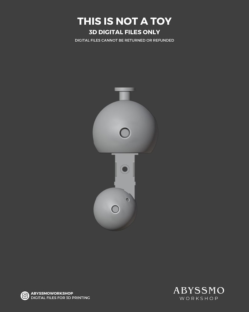 May include: A gray 3D model of a toy-like object, featuring two spherical components connected by a rectangular piece. The text "THIS IS NOT A TOY" and "3D DIGITAL FILES ONLY" are displayed at the top. The bottom of the image includes the text "ABYSSMO WORKSHOP".