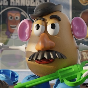 May include: A Mr. Potato Head toy with a black hat, mustache, and a green toy gun. The toy has pink ears, a brown nose, and a red mouth. The background includes a poster with the text "TO JOIN ICE RANGERS".