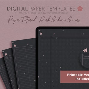 May include: A set of 14 digital paper templates in A4 size featuring a dark background with a subtle texture and scattered pink sakura blossoms. The templates include lined, Cornell, dotted, grid, and blank options. Printable versions are included.