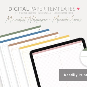 May include: A digital download of five A4 sized minimalist notepaper templates in a muted color palette. The templates feature four different layouts: lined, dotted, and grid. The text "Minimalist Notepaper - Morandi Series" and "Readily Printable!" is visible on the image.