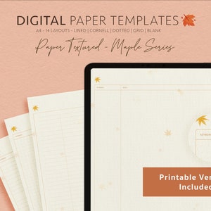 May include: Digital paper templates in A4 size with 14 layouts, including lined, Cornell, dotted, grid, and blank options. The paper has a maple leaf texture and the text "Paper Textured - Maple Series" is displayed. Printable versions are included.