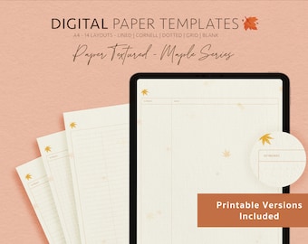 Op de afbeelding: Digitale papier sjablonen in A4-formaat met 14 lay-outs, waaronder gestreept, Cornell, gestippeld, raster en blanco. Het papier heeft een esdoornbladtextuur en de tekst "Paper Textured - Maple Series" wordt weergegeven. Printbare versies zijn inbegrepen.