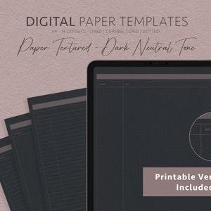 Peut inclure: Modèles de papier numérique dans un ton neutre foncé avec un effet de papier texturé. Les modèles comprennent 14 mises en page : lignées, Cornell, quadrillées et pointillées. Des versions imprimables sont incluses.
