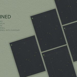 May include: Four black lined paper sheets with green clover accents. The paper sheets are labeled "LINED", "MARGIN", "TWIN", "CORNELL", and "CORNELL WITH SUMMARY".