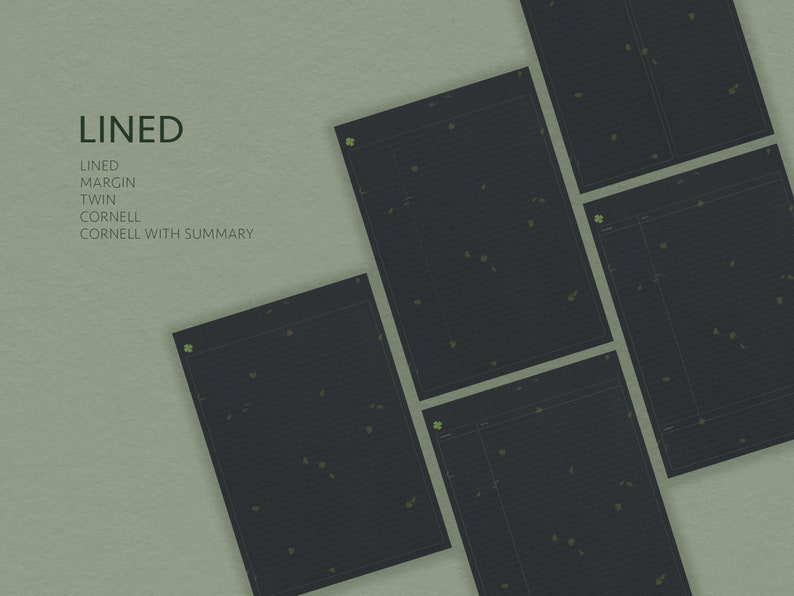 May include: Four black lined paper sheets with green clover accents. The paper sheets are labeled "LINED", "MARGIN", "TWIN", "CORNELL", and "CORNELL WITH SUMMARY".