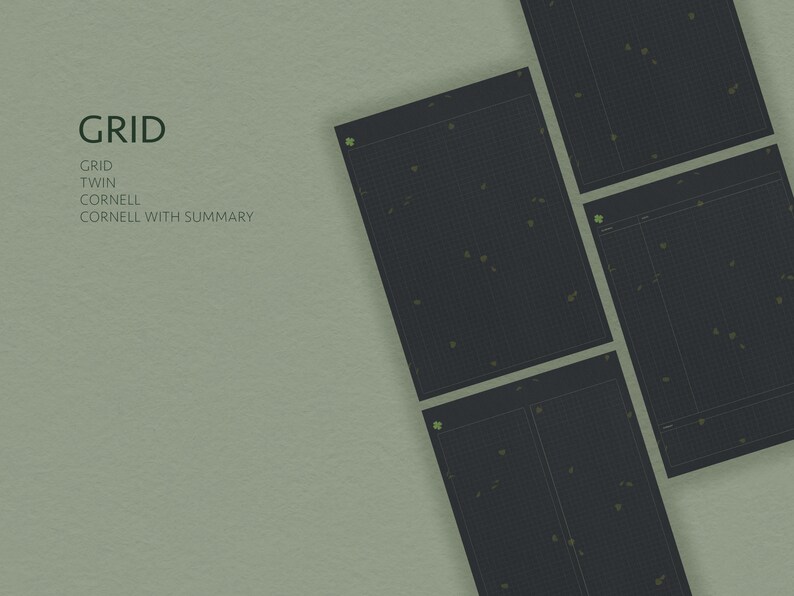May include: Four different types of grid paper: grid, twin, Cornell, and Cornell with summary. Each sheet is black with a light green grid pattern.
