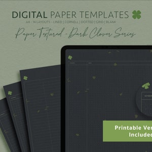 May include: A set of digital paper templates in a dark gray color with a subtle texture and green clover accents. The templates are labeled "Paper Textured - Dark Clover Series" and include 14 layouts: lined, Cornell, dotted, grid, and blank. Printable versions are included.