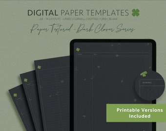 May include: A set of digital paper templates in a dark gray color with a subtle texture and green clover accents. The templates are labeled "Paper Textured - Dark Clover Series" and include 14 layouts: lined, Cornell, dotted, grid, and blank. Printable versions are included.