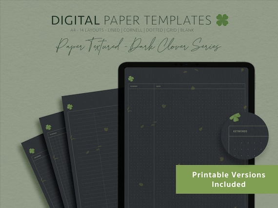 Dark Floral Clover Botanical Digital Paper, Neutral Realistic Paper Texture Digital Note Paper Template - A4 PDF Printable Notebook Pages