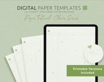 May include: A digital paper template set with 14 different layouts, including lined, Cornell, dotted, grid, and blank. The paper has a textured look with a clover design. The text "Paper Textured - Clover Series" is at the top of the image. The text "Printable Versions Included" is at the bottom of the image.