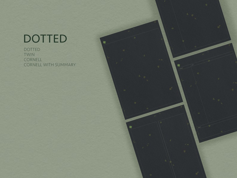May include: Four black notepads with a dotted pattern and green clover accents. The notepads are labeled "DOTTED", "DOTTED", "TWIN", "CORNELL", and "CORNELL WITH SUMMARY".