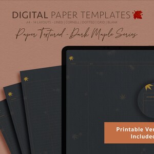 Könnte beinhalten: Ein Satz digitaler Papiervorlagen in einem dunklen Ahornfarbton mit einem strukturierten Papiereffekt. Die Vorlagen bieten 14 verschiedene Layouts, darunter liniert, Cornell, gepunktet, Raster und leer. Die Vorlagen sind im A4-Format und beinhalten druckbare Versionen.