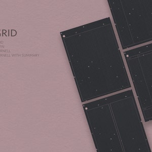 Op de afbeelding: Vier zwarte vellen met gekarteld papier in verschillende lay-outs. De vellen zijn gelabeld met "GRID", "GRID", "TWIN", "CORNELL" en "CORNELL WITH SUMMARY".
