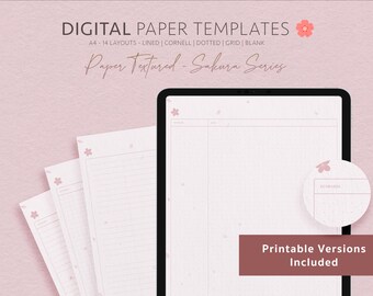 Op de afbeelding: Een set digitale papier sjablonen in A4-formaat met 14 verschillende lay-outs, waaronder gestreept, Cornell, gestippeld, raster en blanco. Het papier heeft een textuur achtergrond met een subtiel roze kersenbloesem patroon. De tekst "Paper Textured - Sakura Series" wordt bovenaan de afbeelding weergegeven. De tekst "Printable Versions Included" wordt onderaan de afbeelding weergegeven.