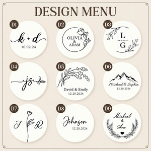 May include: A design menu featuring nine circular white labels with black ink graphics and text. Each label displays unique combinations of names, dates, and botanical or mountain illustrations, labeled D1 through D9 for customization options.