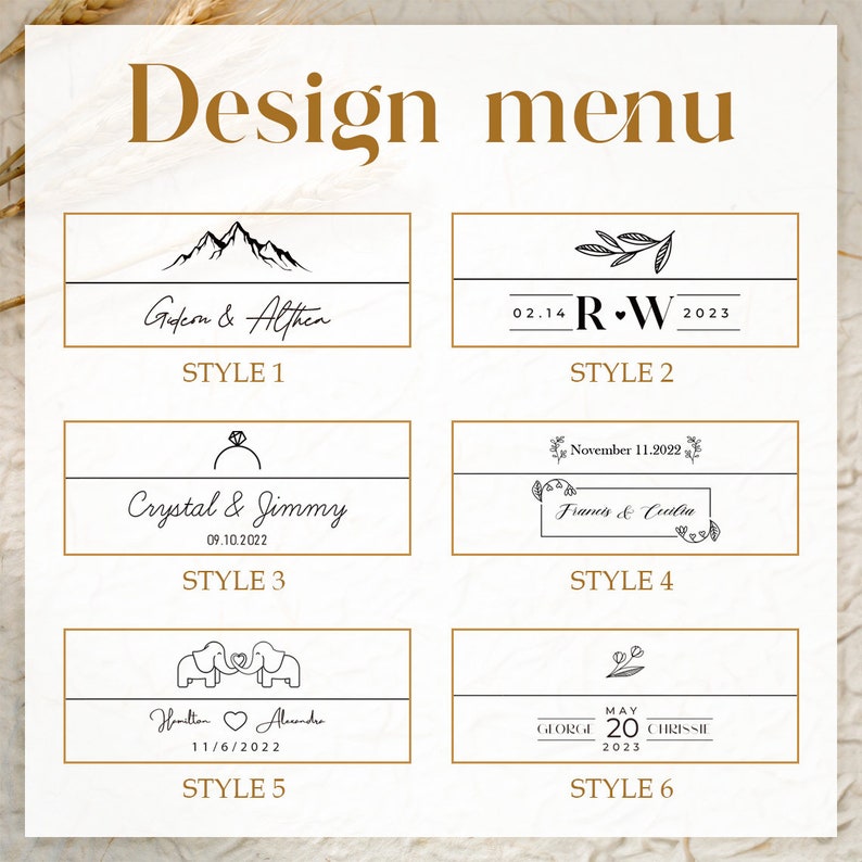 May include: Six different wedding invitation design styles with various icons and text.  Style 1 features mountains, Style 2 features a branch, Style 3 features a ring, Style 4 features a floral frame, Style 5 features elephants, and Style 6 features a flower.