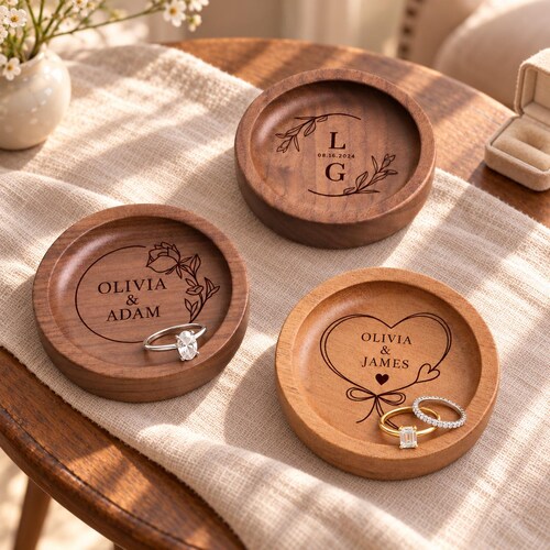 Portagioie rotondo in legno personalizzato, portagioie rotondo in legno su misura, porta anelli di fidanzamento, regalo di nozze per la coppia, vassoio portagioie rotondo