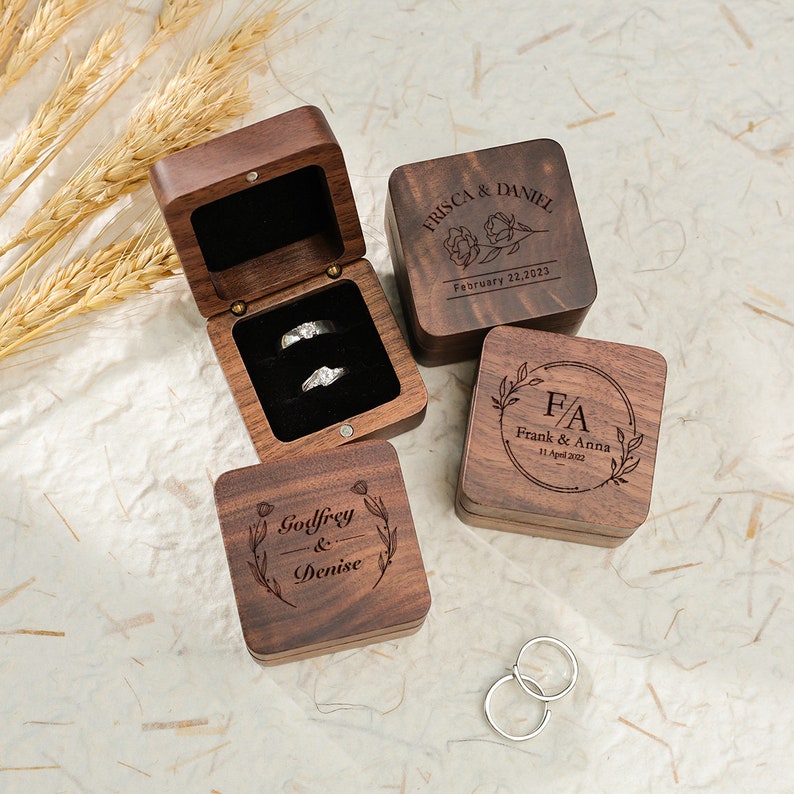 Personalized Wood Ring Box Custom Wood Ring Holder Proposal Ring Box Ring Bearer Box Engraved Ring Holder Storage for 2 Rings image 3