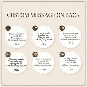 May include: A chart displaying six circular white labels labeled F1 through F6, each featuring the text: You are my sunshine on a cloudy day. I love you more with each passing moment -Olivia. The fonts vary in style across the six circular options.