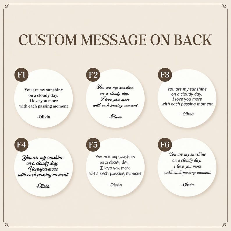 May include: A chart displaying six circular white labels labeled F1 through F6, each featuring the text: You are my sunshine on a cloudy day. I love you more with each passing moment -Olivia. The fonts vary in style across the six circular options.