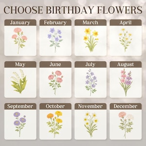 May include: A decorative chart titled "CHOOSE BIRTHDAY FLOWERS" displays floral illustrations for each month. January features pink carnations, February has purple violets, and March showcases yellow daffodils. Other months include lilies of the valley, roses, delphiniums, and more.