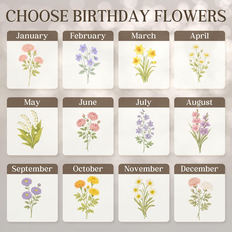 May include: A decorative chart titled "CHOOSE BIRTHDAY FLOWERS" displays floral illustrations for each month. January features pink carnations, February has purple violets, and March showcases yellow daffodils. Other months include lilies of the valley, roses, delphiniums, and more.