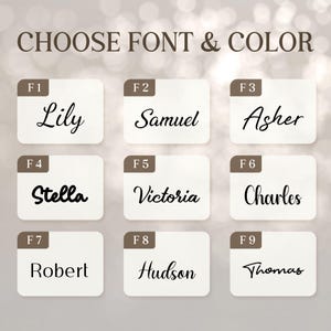 Puede incluir: Imagen que muestra nueve opciones de nombres en varias fuentes, incluyendo Lily, Samuel, Asher, Stella, Victoria, Charles, Robert, Hudson y Thomas. El texto "CHOOSE FONT & COLOR" est&aacute; en la parte superior. Cada nombre est&aacute; sobre un fondo rectangular blanco.