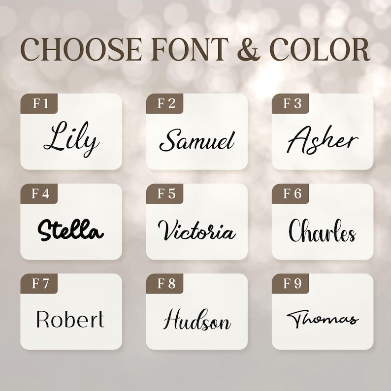 Puede incluir: Imagen que muestra nueve opciones de nombres en varias fuentes, incluyendo Lily, Samuel, Asher, Stella, Victoria, Charles, Robert, Hudson y Thomas. El texto "CHOOSE FONT & COLOR" est&aacute; en la parte superior. Cada nombre est&aacute; sobre un fondo rectangular blanco.