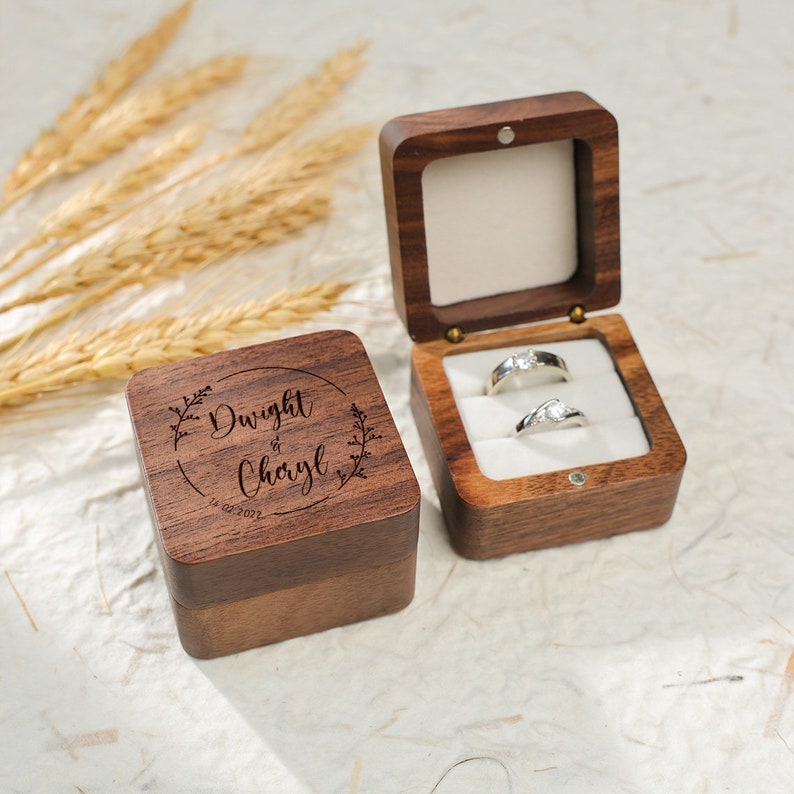Personalized Wood Ring Box Custom Wood Ring Holder Proposal Ring Box Ring Bearer Box Engraved Ring Holder Storage for 2 Rings image 4
