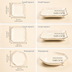 May include: A collection of white ceramic dishes in various shapes: small square (3.3 inches/8.4 cm), large square (4.3 inches/11 cm), and heptagonal (4.6 inches/11.7 cm). Each dish has a dark trim and includes measurements.