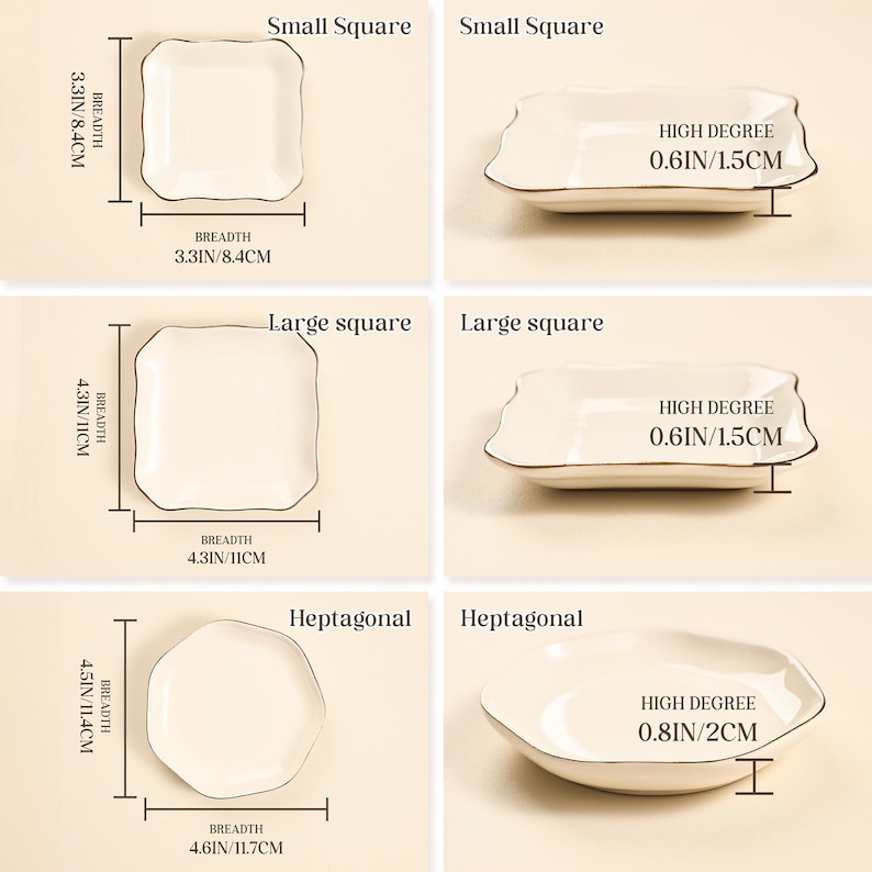 May include: A collection of white ceramic dishes in various shapes: small square (3.3 inches/8.4 cm), large square (4.3 inches/11 cm), and heptagonal (4.6 inches/11.7 cm). Each dish has a dark trim and includes measurements.